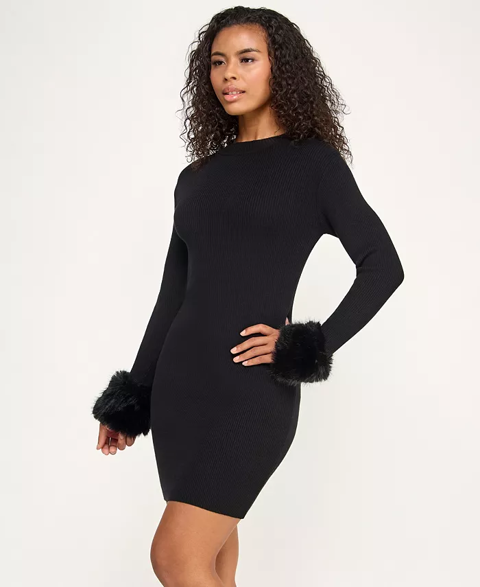 Juniors' Long Sleeve Mock Neck Slim Sweater Dress with Attached Fur Cuff - thumbnail 2