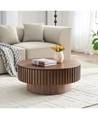 Streamdale 31.49" Round Coffee Table with Storage, Modern Walnut Pedestal Table