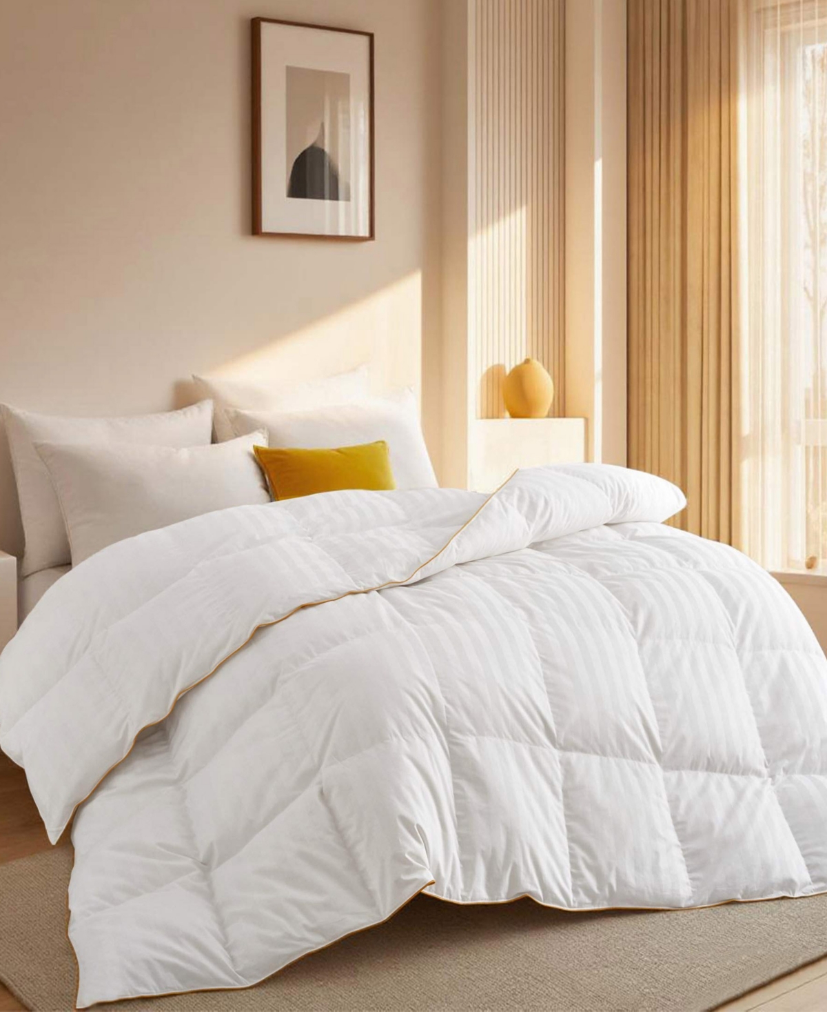 Unikome 500 Thread Count Cotton Fabric Classic Stripped All Season White Goose Down Fiber Comforter, Twin