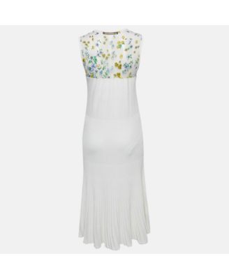 Women's White Floral Print Mesh And Knit Flared Midi Dress