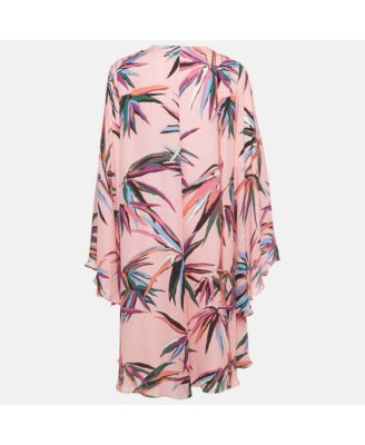 Women's Pink Birds Of Paradise Print Silk Kaftan Short Dress