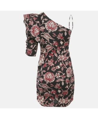 Women's Brown Floral Print Cotton One Shoulder Mini Dress