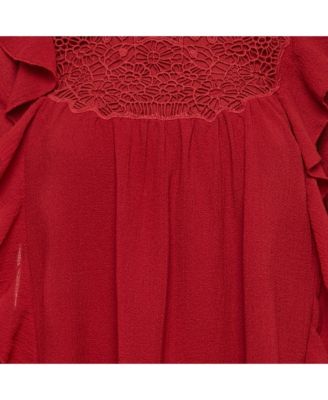 Women's Red Crepe Ruffled Lace Overlay