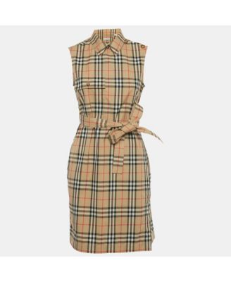 Women's Beige Vintage Check Print Cotton Wrap Around Mini Dress