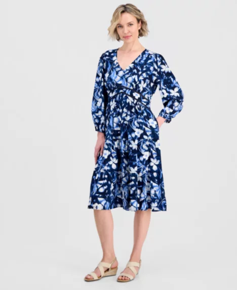 Petite V-Neck Midi Dress - Underwater Indigo Blue