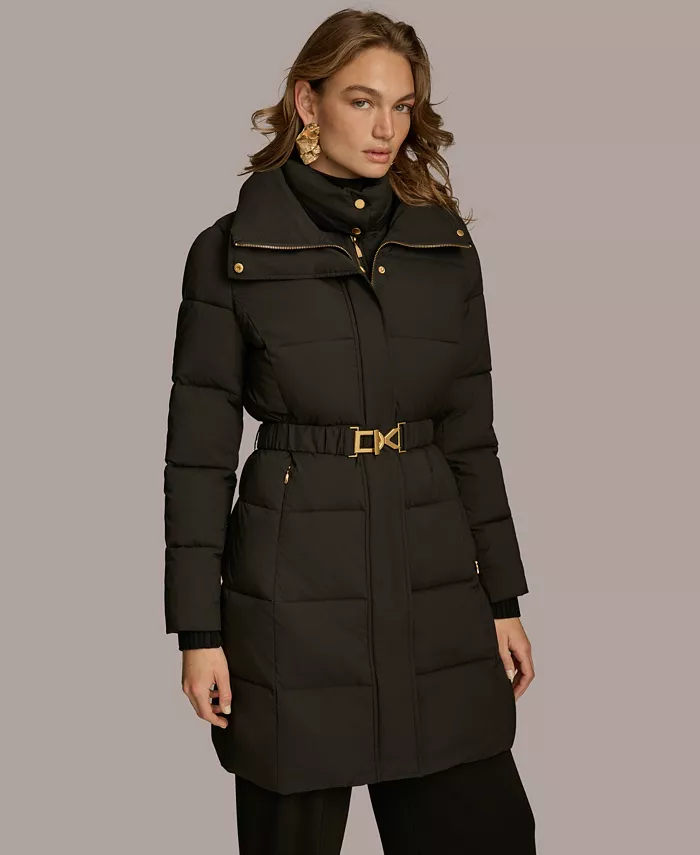 Women's Belted Bibbed Puffer Coat - thumbnail 9