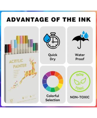 12 Colors Acrylic Paint Pens, Brush and Fine Tip Markers for Rock Painting, Wood, Canvas and DIY Crafts Making
