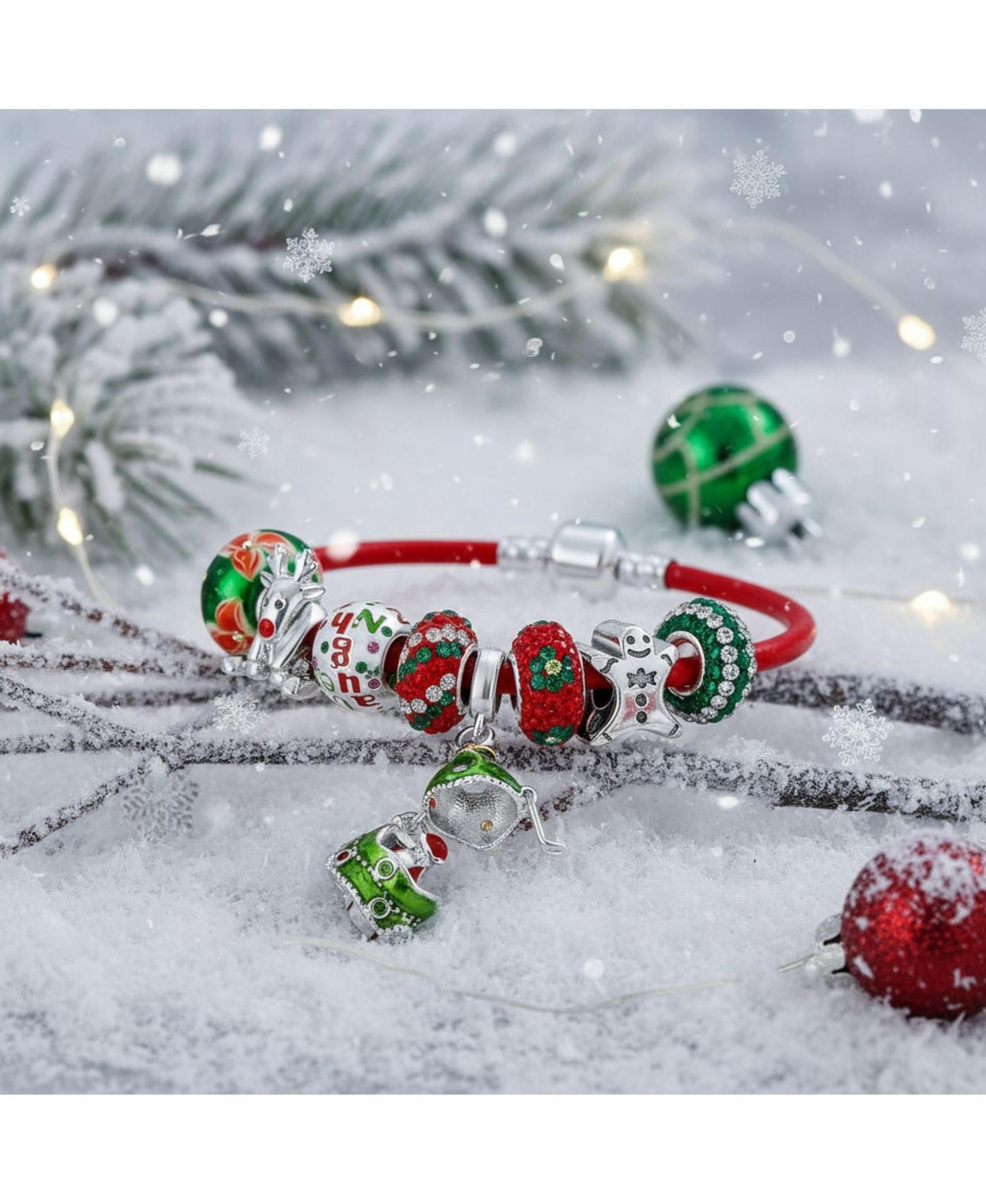 Bling Jewelry Secret Santa Locket Bead Naughty Nice Holiday Saying Reindeer Ginger Breadman Multi Charm Bracelet Red Leather For Women .925 Sterling S