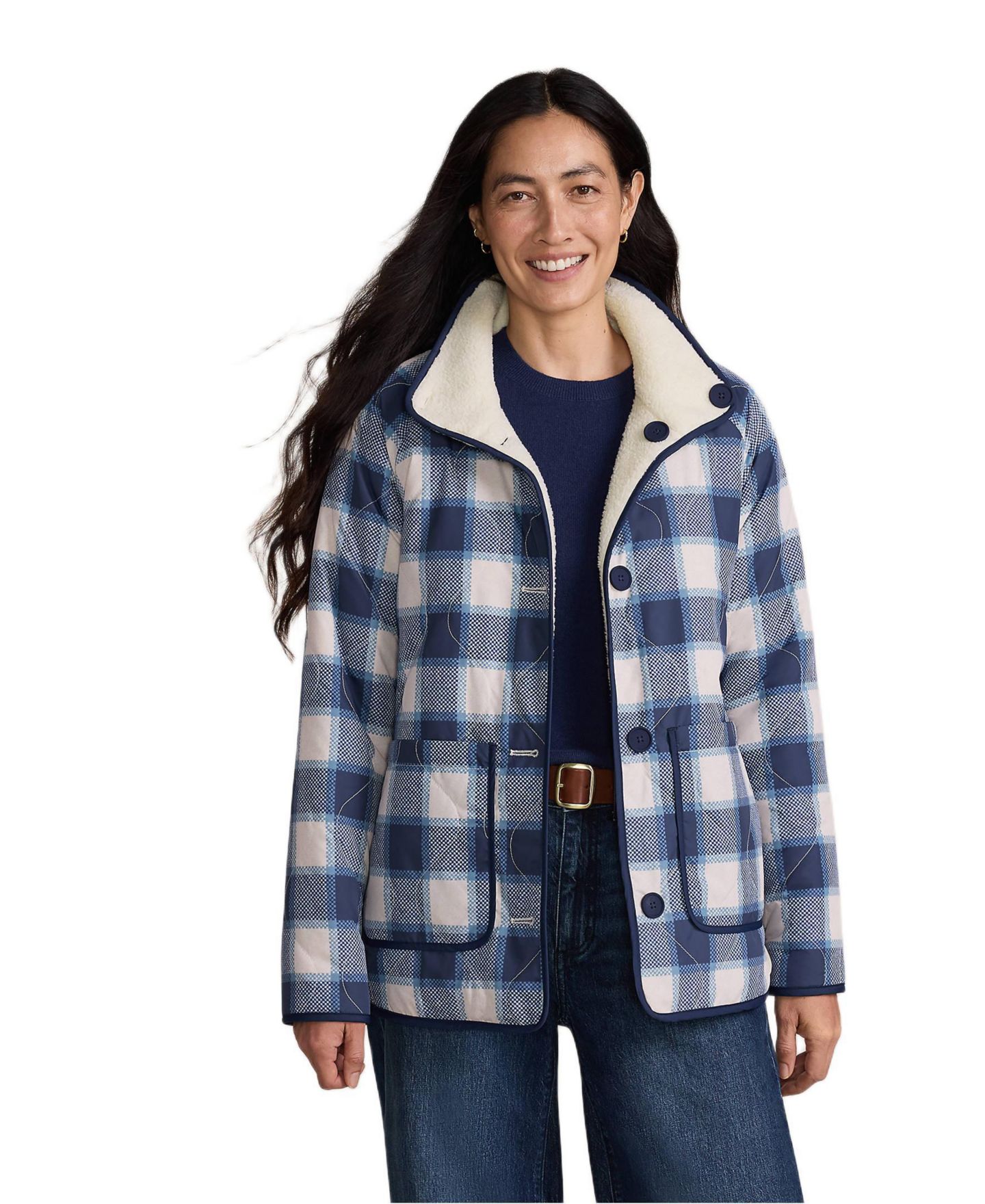 Женская куртка Lands' End High Pile Fleece Reversible Mixed Media Long, цвет: Слоновая кость / Тёмно-синий клетчатый — фото 1