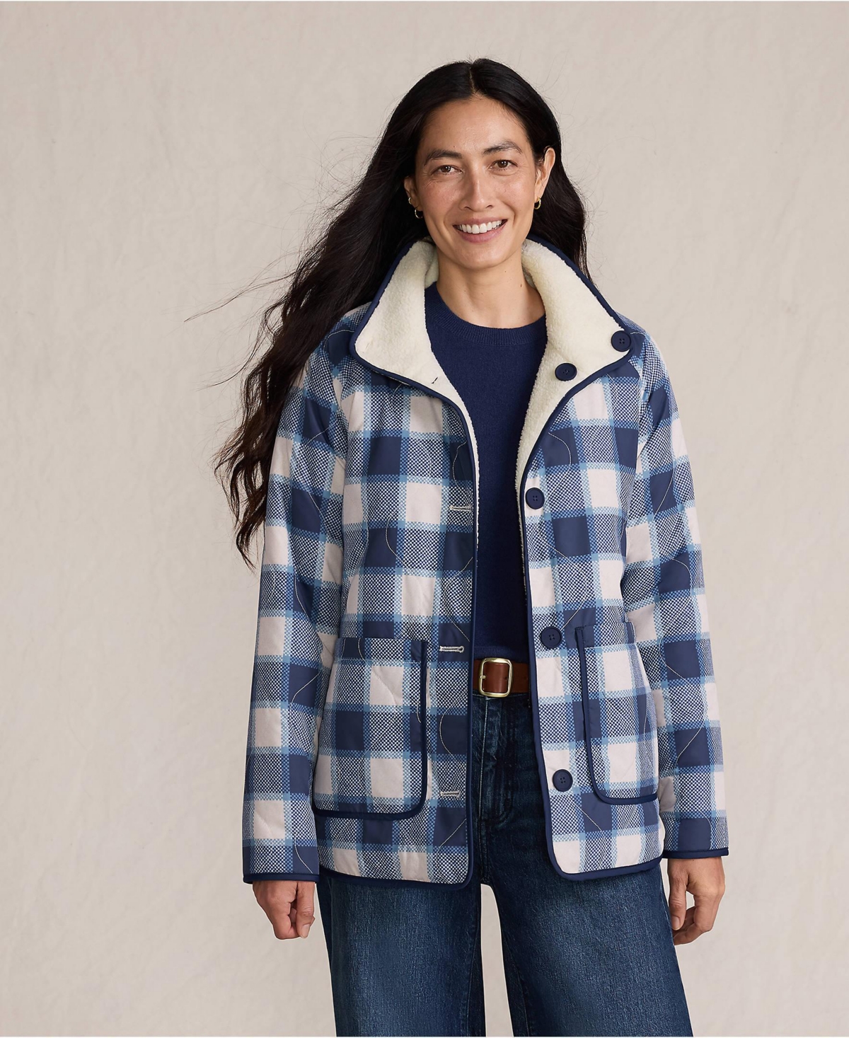 Lands' End Women's High Pile Fleece Reversible Mixed Media Long Jacket