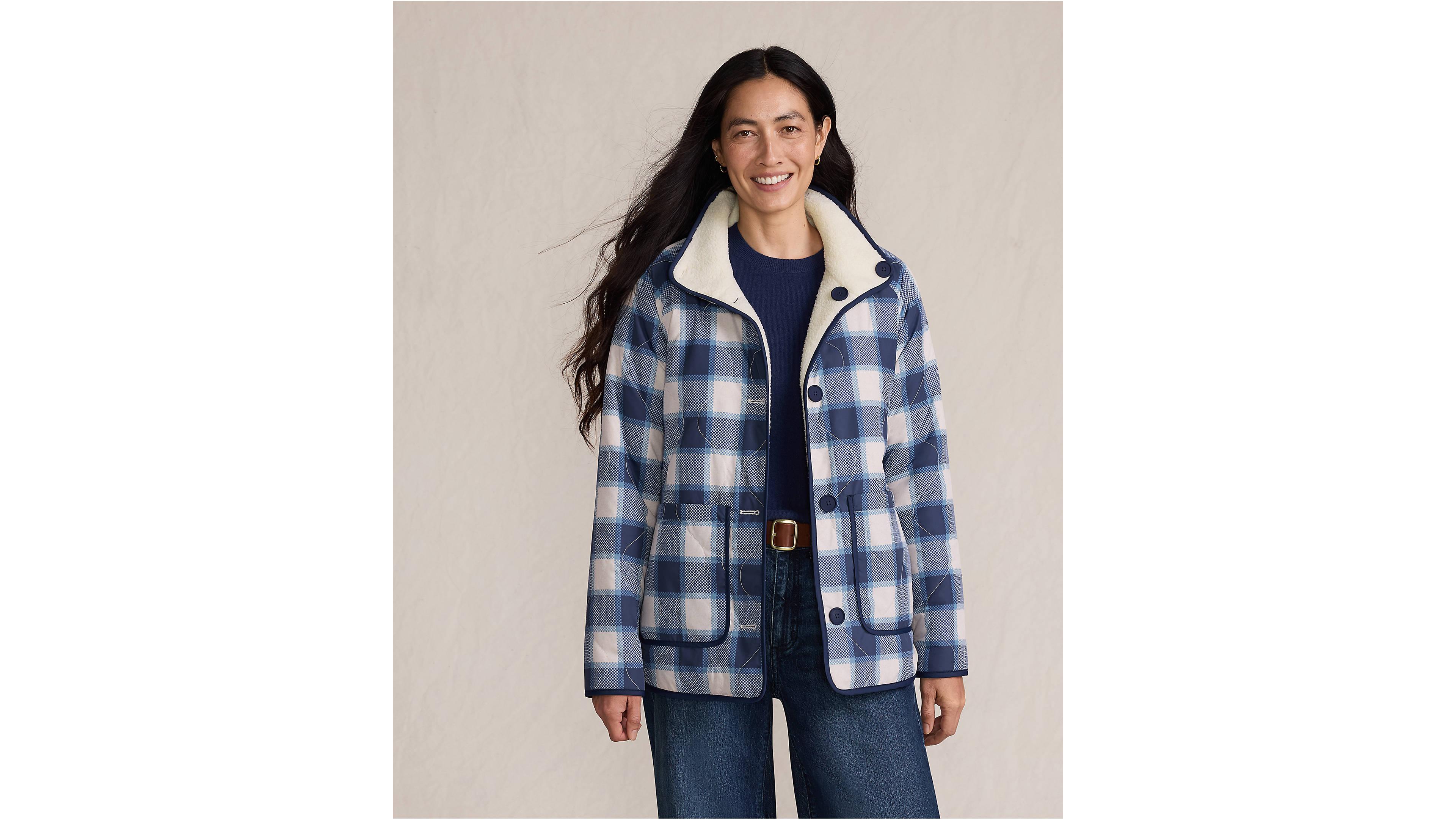 Lands' End Women's High Pile Fleece Reversible Mixed Media Long Jacket