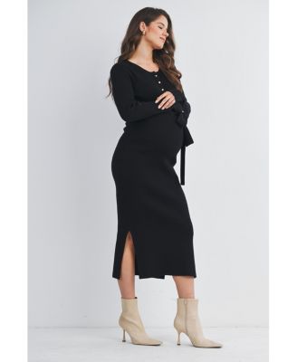 Maternity Ribbed Button Down Waist Tie Midi Nursing Dress - Black - Medium