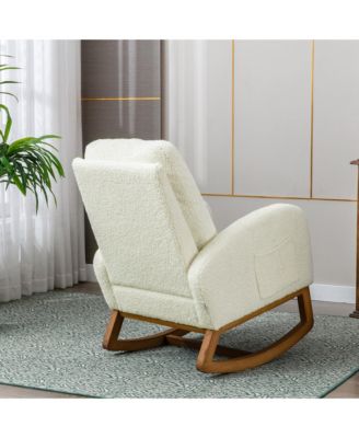 Beige Linen Rocking Recliner Chair – Modern Home Furniture with Wood Legs, Side Pocket & High Back