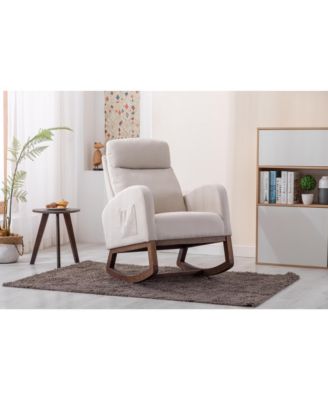 Beige Linen Rocking Recliner Chair – Modern Home Furniture with Wood Legs, Side Pocket & High Back