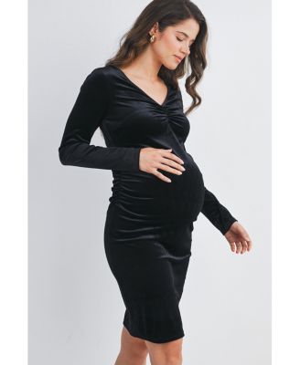Maternity Long Sleeve V Neck Ruched Velvet Dress