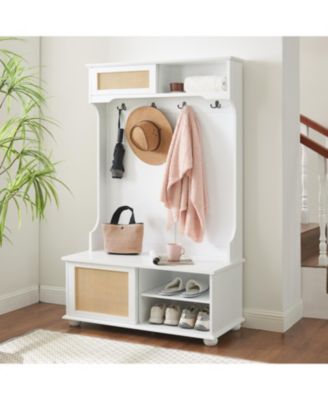 Hall Tree Entryway Bench with Rattan Door and Storage (40.16" x 18.58" x 64.17")