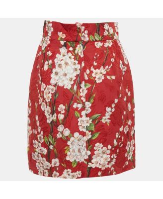 Women's Red Floral Print Cotton Silk Mini Skirt