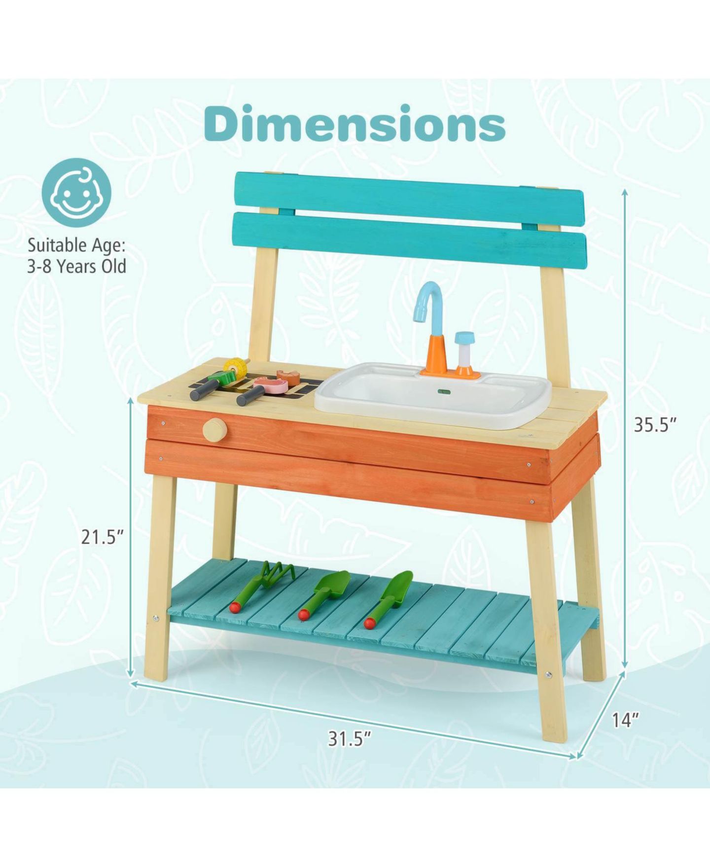 Детская игрушка Costway Water Play Wooden Mud Kitchen, Ages 3-8, цвет: Assorted Pre-Pack — фото 2