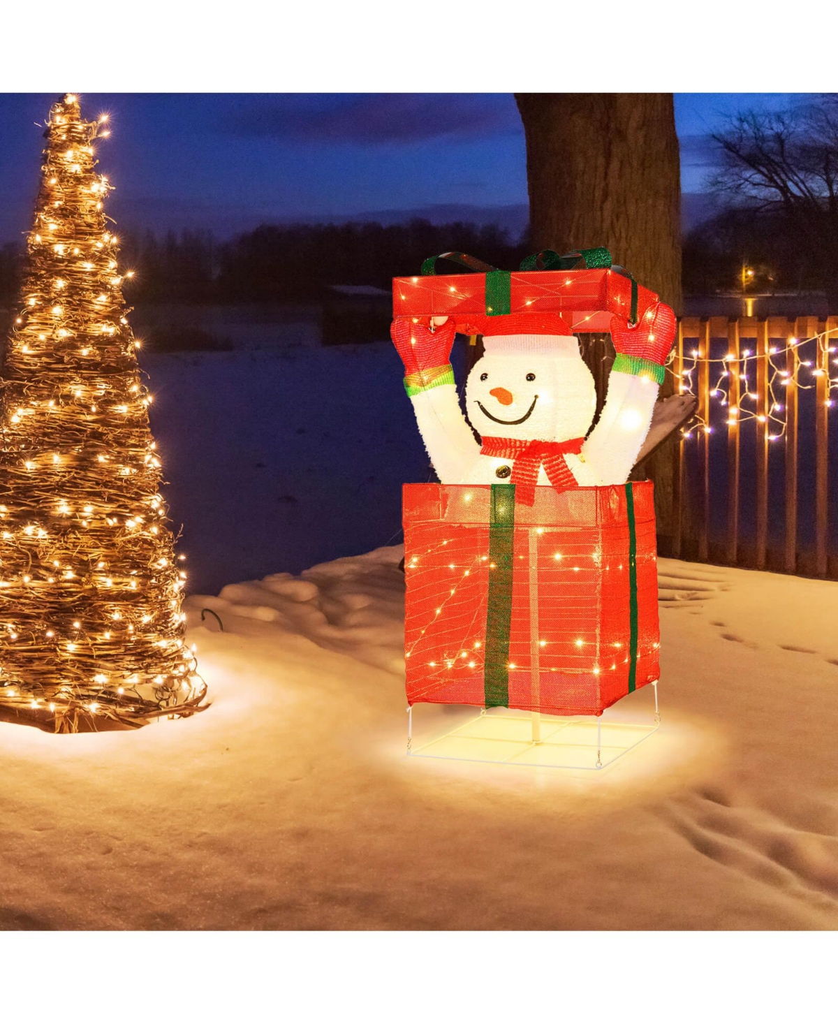 Costway Lighted Snowman in Gift Box Christmas Decoration with 100 Led Lights for Home Lawn