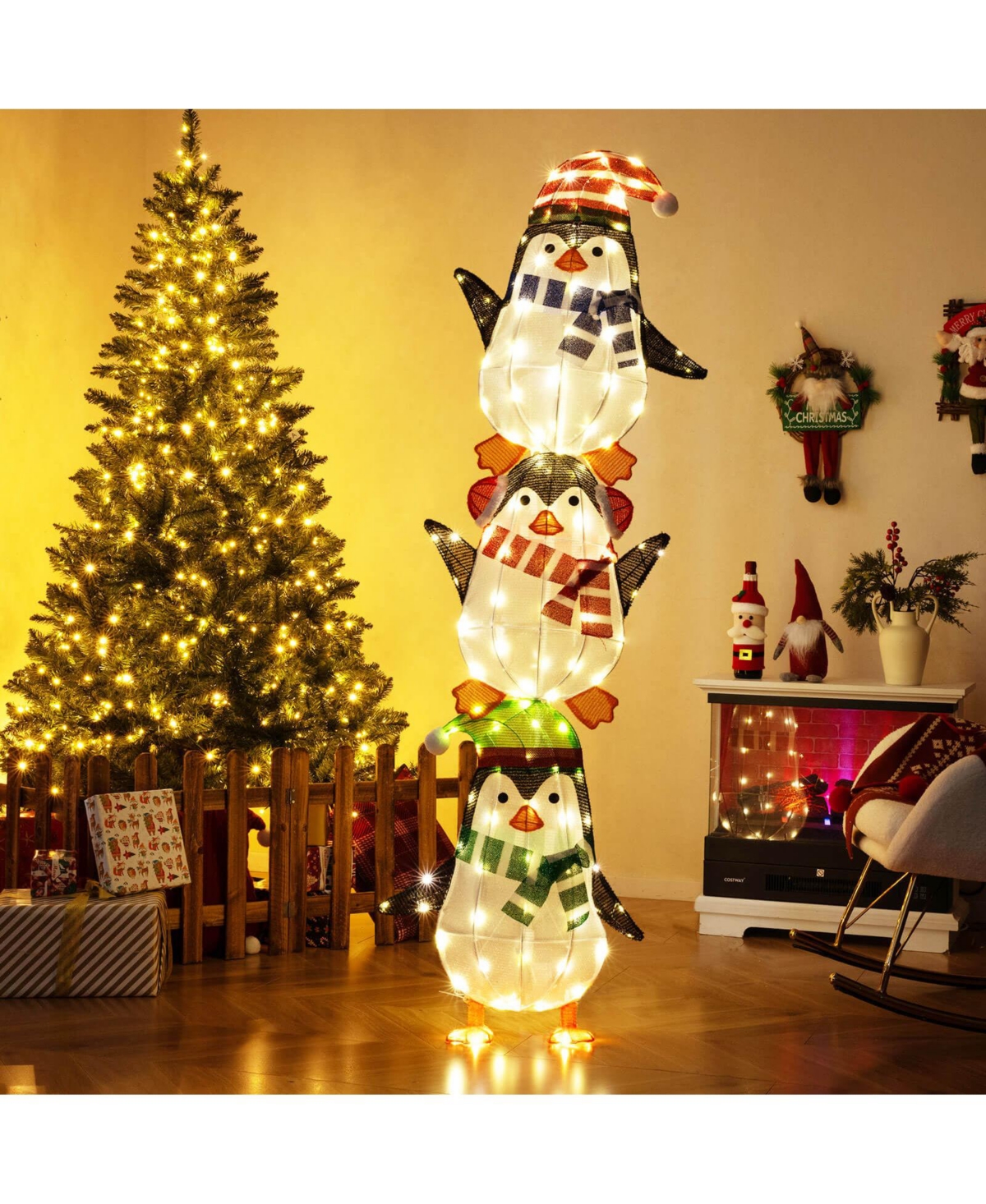 Costway Lighted Penguins Decoration Set of 3 with 156 Warm White Lights Cute Hats & Scarves
