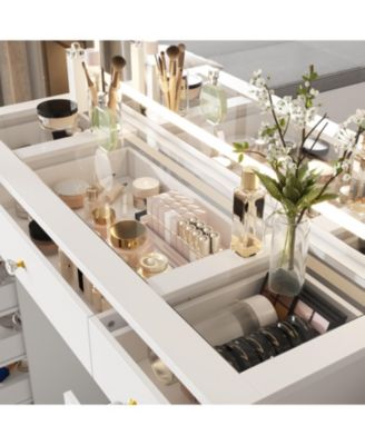 9-Drawer Vanity with 3 Color LED Mirror, Tempered Glass Countertop,Crystal Handle, Makeup Table,Chest