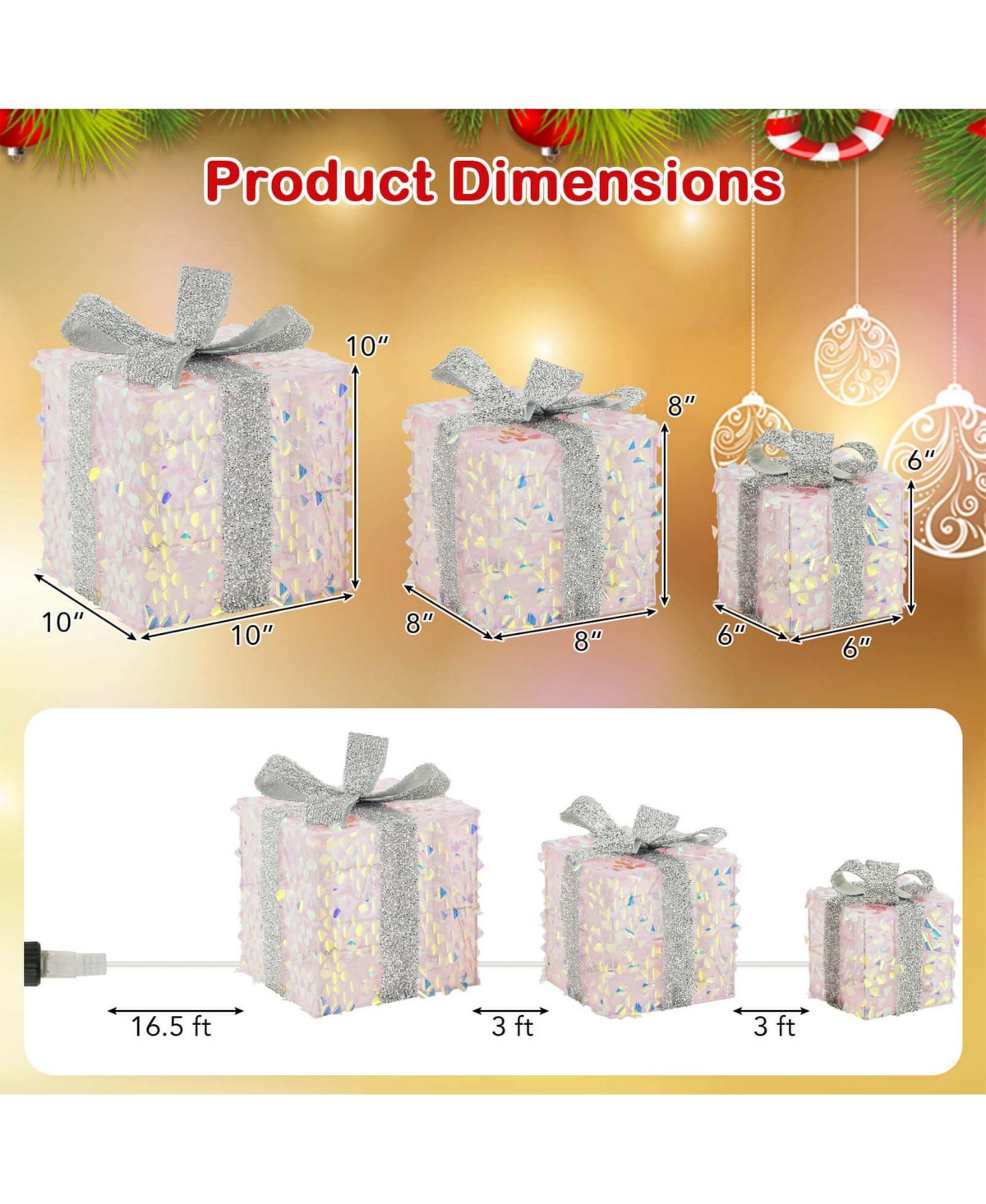 3 Pcs Christmas Lighted Gift Boxes with 90 Led Lights Zip Ties Ground Stakes