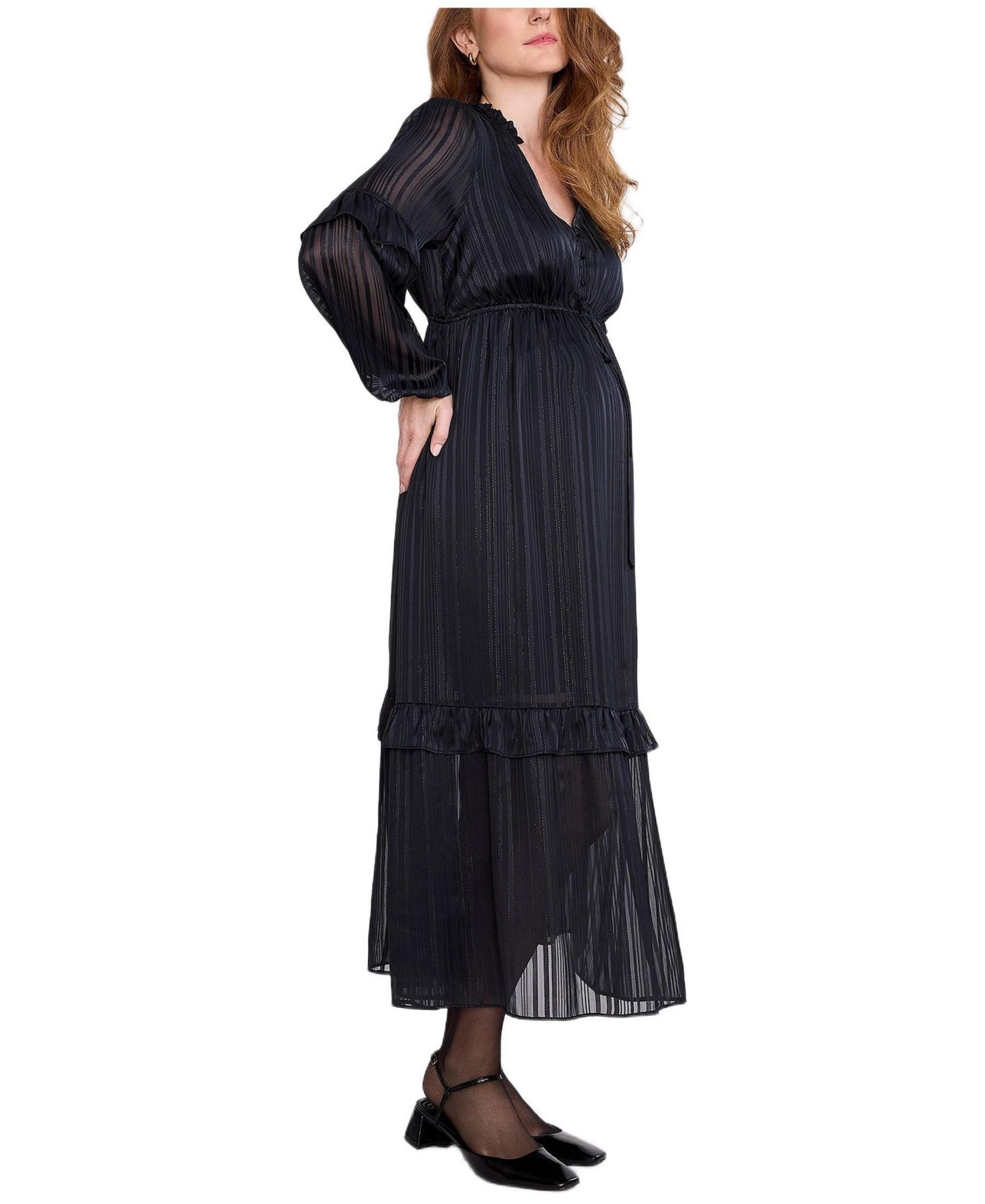 Женское платье Motherhood Maternity Motherhood V-Neck Long Sleeve Tiered Maxi, цвет: Чёрный — фото 3