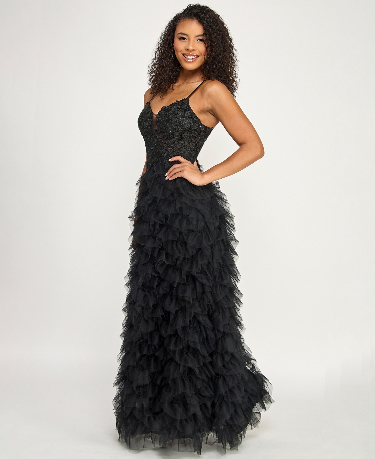 Say Yes Juniors' V-Neck Ruffled Skirt Gown