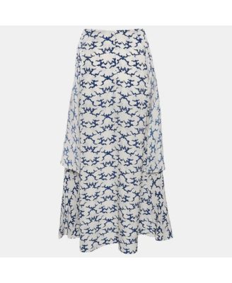 Women's White Printed Silk Layered Midi Skirt