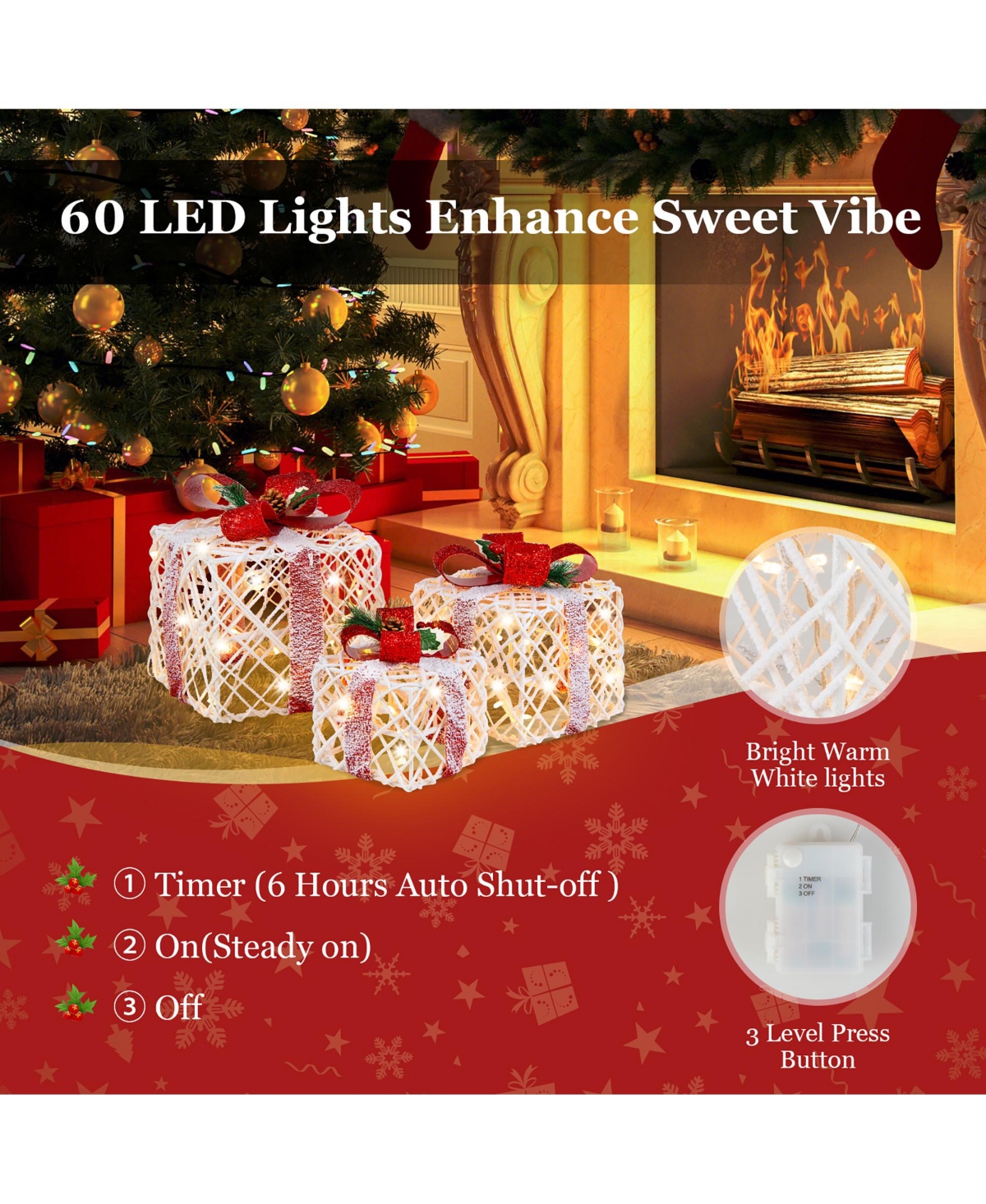 Costway Set of 3 Christmas Lighted Gift Boxes, Indoor Present Box Holiday Decoration