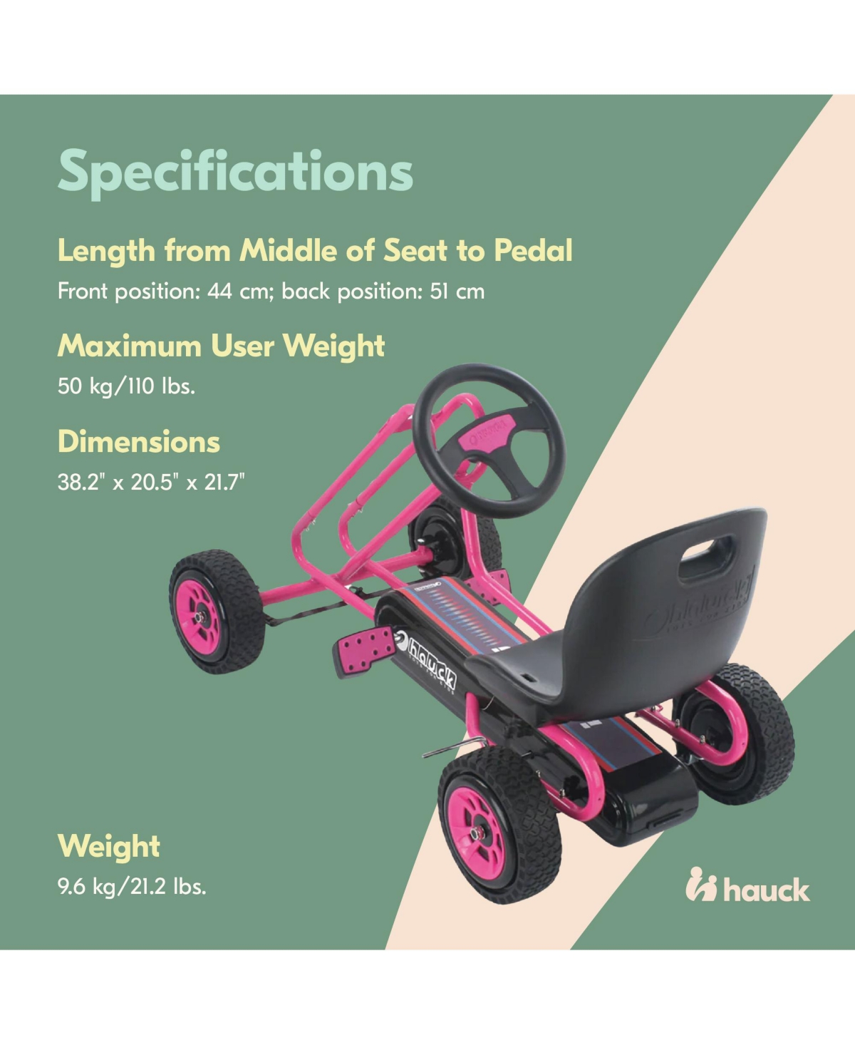 hauck Lightning Ergonomic Pedal Ride On Go Kart Toys for Boys and Girls, Pink