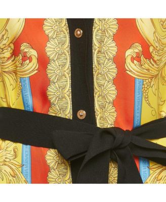 Women's Black/yellow Barocco Print Silk And Rib Knit Cardigan