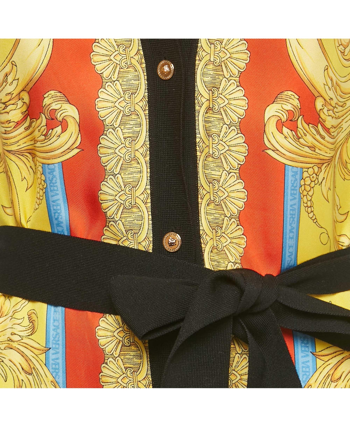 Pre-Owned Versace Women's Black/yellow Barocco Print Silk And Rib Knit Cardigan