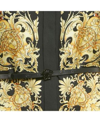 Women's Black/yellow Barocco Print Silk Belted Shirt Dress