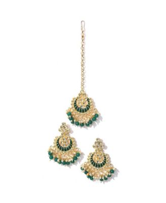 Women's Green  Stone Drop Earrings & Maangtika Set