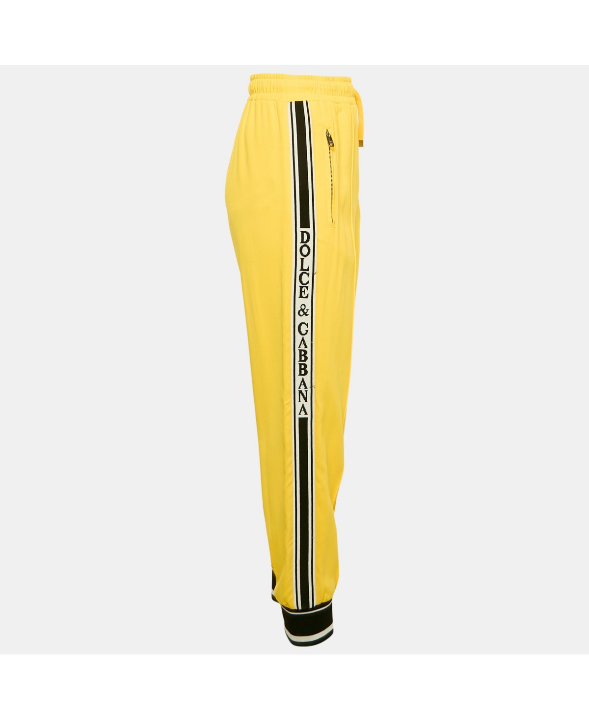 Pre-Owned Dolce & Gabbana Women's Yellow Crepe Logo Tape Trimmed Trackpants