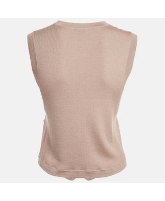 Women's Beige Rib Knit Sleeveless Monili Bead Detail Cardigan