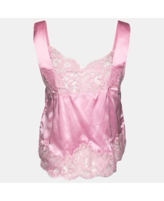 Women's Pink Satin Slip Cami Lace Trimmed Top