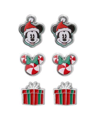 Holiday Stud Earring Set, 3 Pairs - Mickey Santa, Peppermint Ears & Gifts, Silver Tone