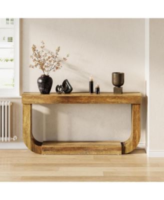 70.9-Inch Extra Long Narrow Console Table, 2-Tier Brown Wooden Sofa Table with U-Shaped Pedestal