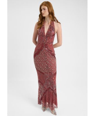 Women's Embellished Sequin Beaded Maxi Dress With Halter Neckline And Deep V-Cut Front