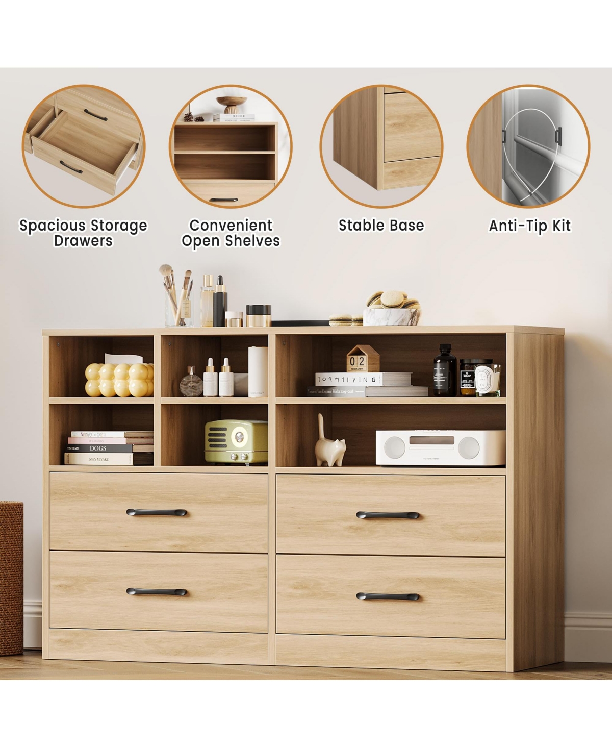 gaomon 4-Drawer Bedroom Dresser with 6 Storage Cubbies and Adjustable Shelves