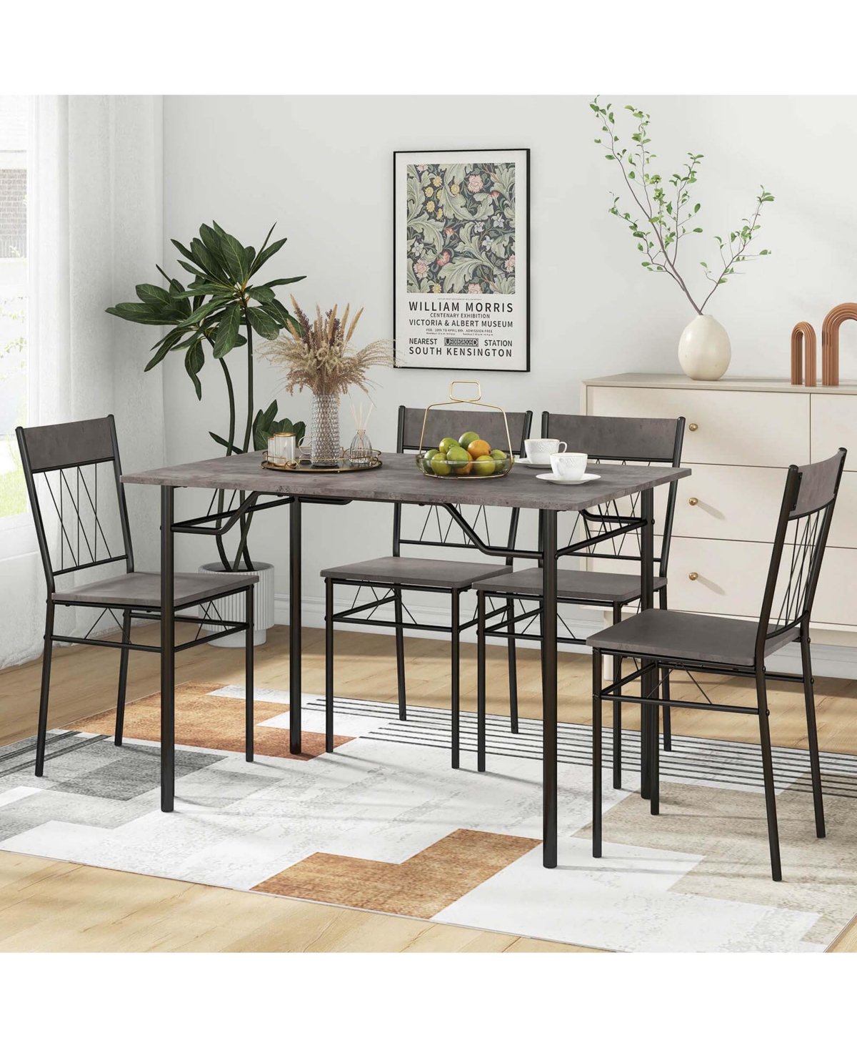Costway 5PCS Dining Table Set for 4 Rectangular Kitchen & Chairs with Metal Frame Cement