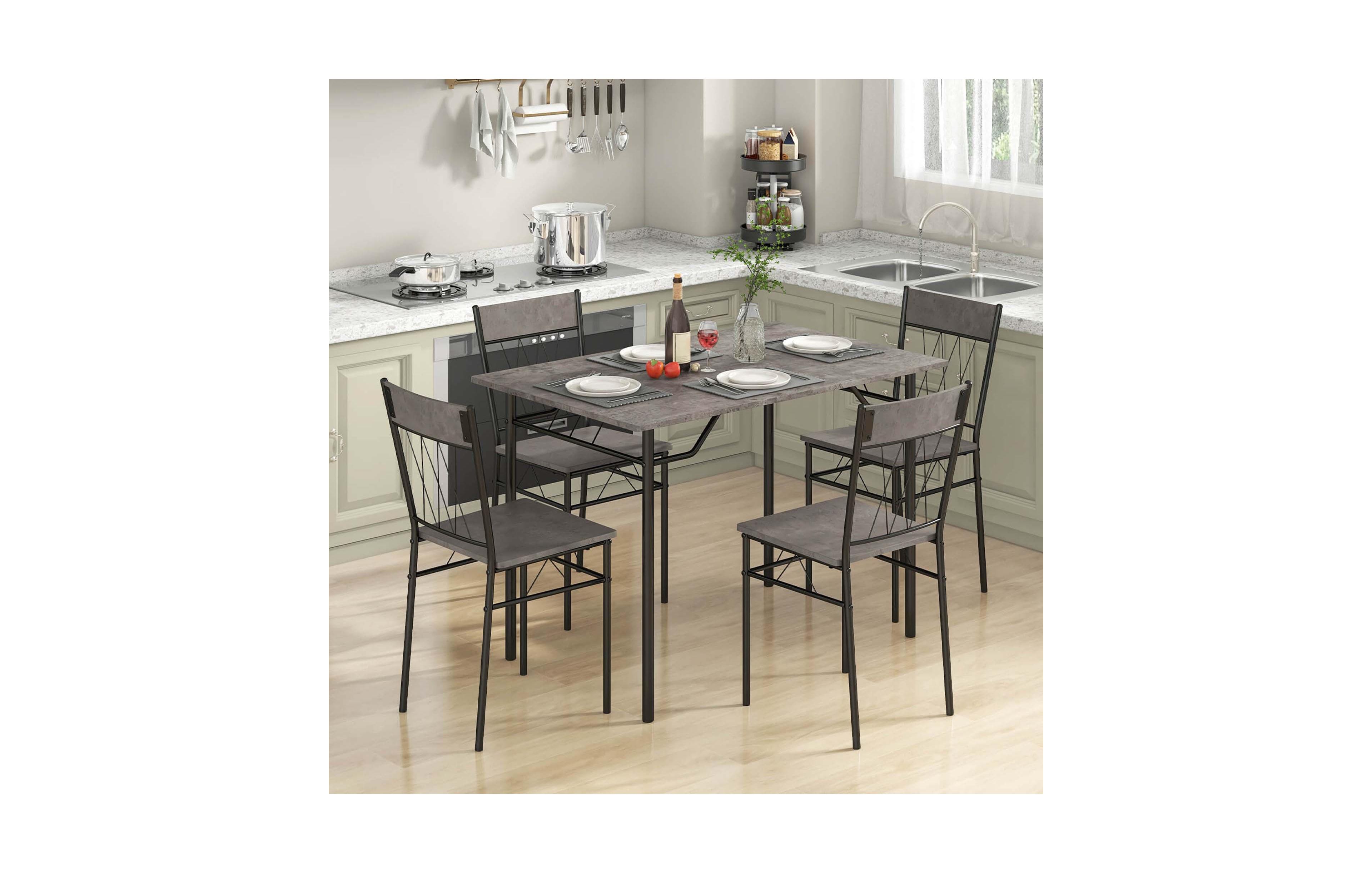 Costway 5PCS Dining Table Set for 4 Rectangular Kitchen Table & 4 Chairs with Metal Frame Cement