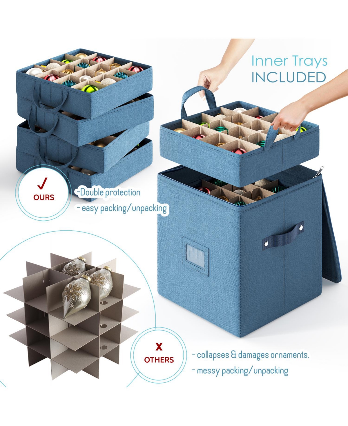 Christmas Ornament Storage Box With 4 Inner Tray Dividers - - Ornament Storage