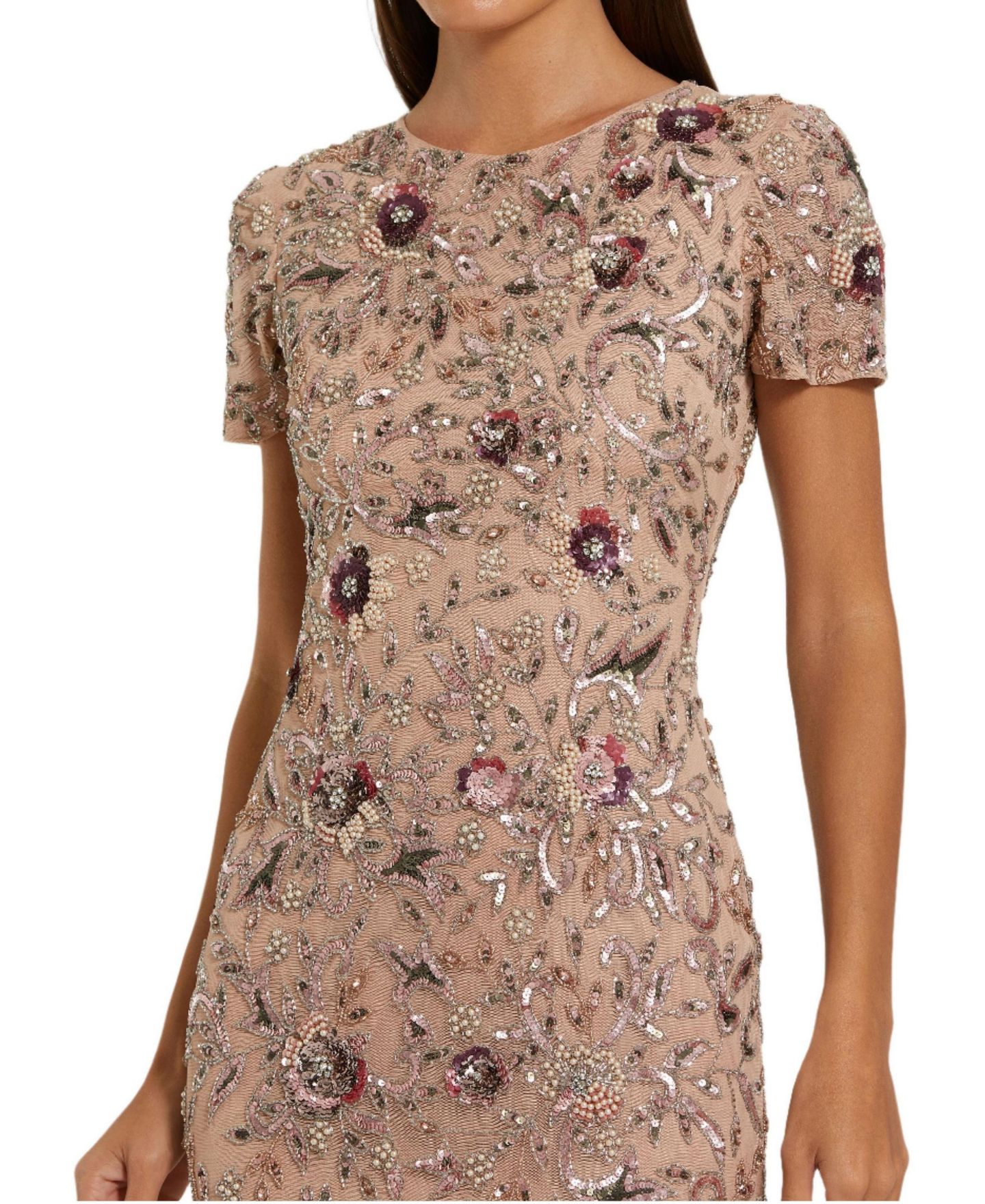 Женское платье Mac Duggal Floral Embellished Short Sleeve Midi, цвет: Мокко — фото 3