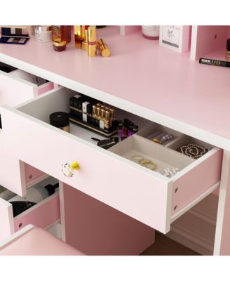 5-Drawer Vanity Set with LED Mirror, Cushioned Stool, and 3-Tier Storage Shelves – Pink MDF Dressing Table