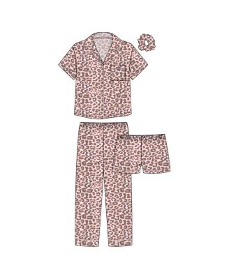 TAHARI Little Girls 3-Piece Pajama Set with Short Sleeve Notch Collar Top, Elastic Waistband Pants, and Shorts Bonus Scrunchie, Coral Blush, 4