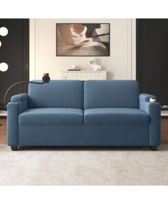 72.8" Corduroy Sleeper Sofa Loveseat Sofa with Full Size Mattress, Two USB Ports, Two Cup Holders, Two Side Pockets and a Phone Holder