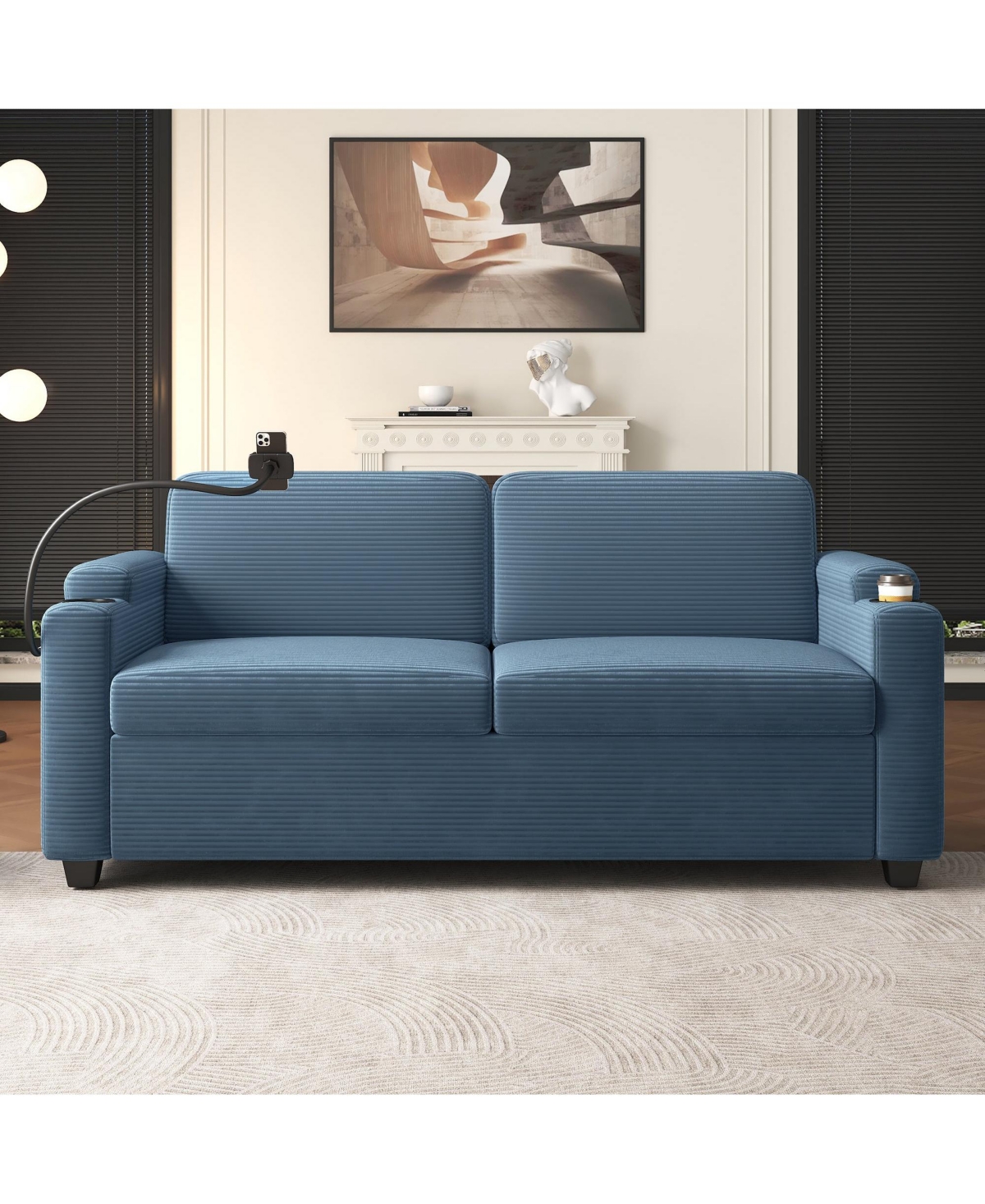 Boyel Living 72.8" Corduroy Sleeper Sofa Loveseat with Full Mattress, Two Usb Ports, Cup Holders, Side Pockets and a Phone Holder